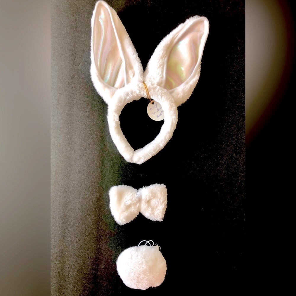 Bunny ears Headband Flexible, fluffy, tail and bowtie, snowy white faux fur OS